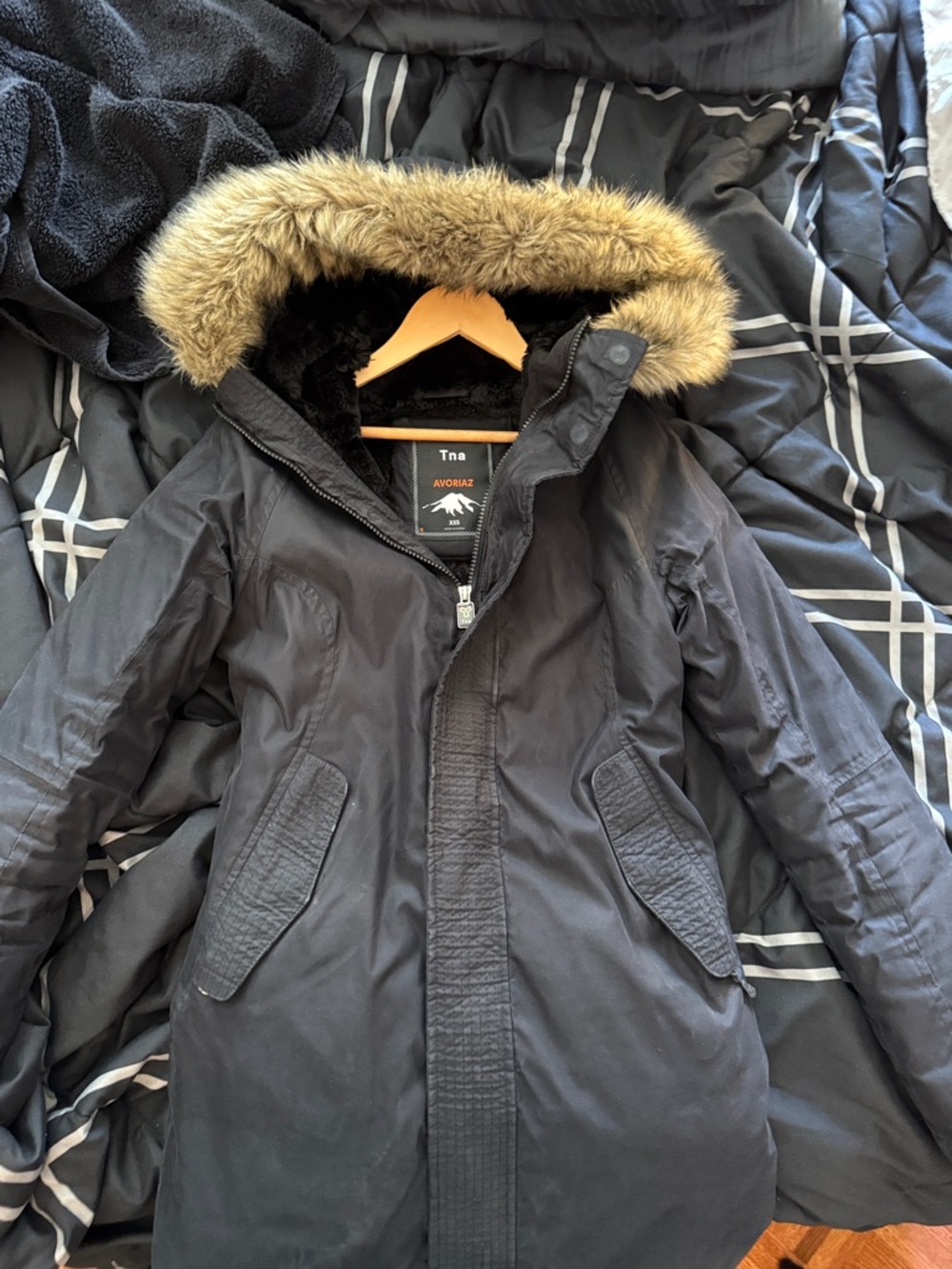 TNA Avoriaz Black Parka Coat with Faux Fur Hood Trim
